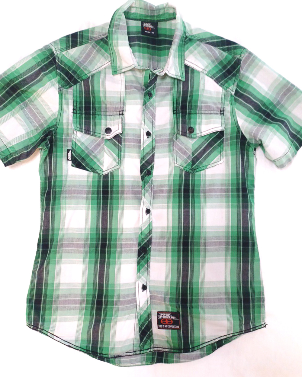 No Fear Men’s Green Plaid SS Button Cotton Shirt Sz M Chest 42" Snap Pockets
